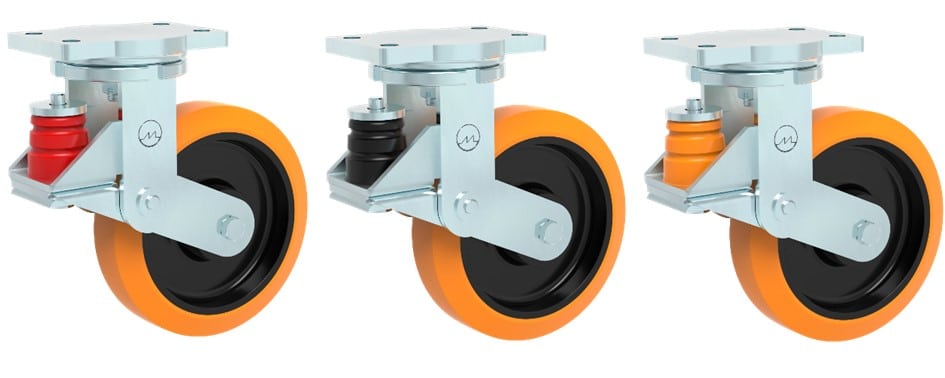 Spring loaded castors comparison showing low noise and shock absorption in industrial material handling