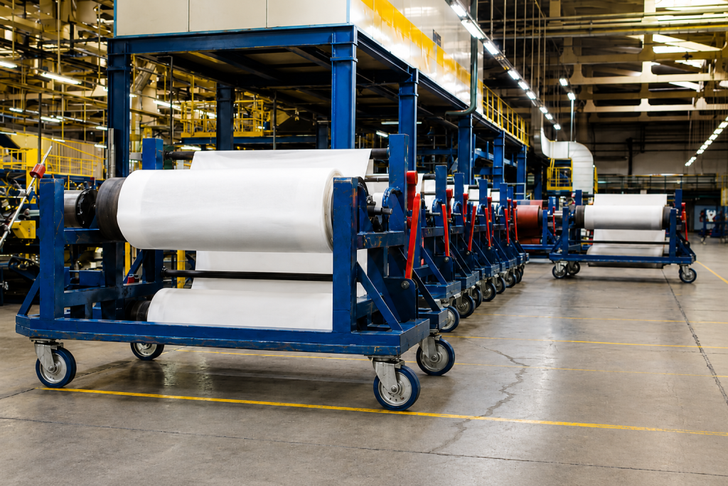 Textile material-handling trolleys operating in a fibre-processing facility