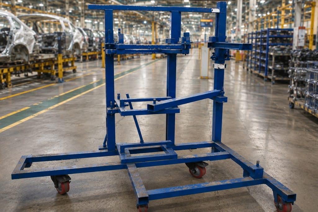 Automotive material-handling trolley operating on an epoxy-coated shop floor