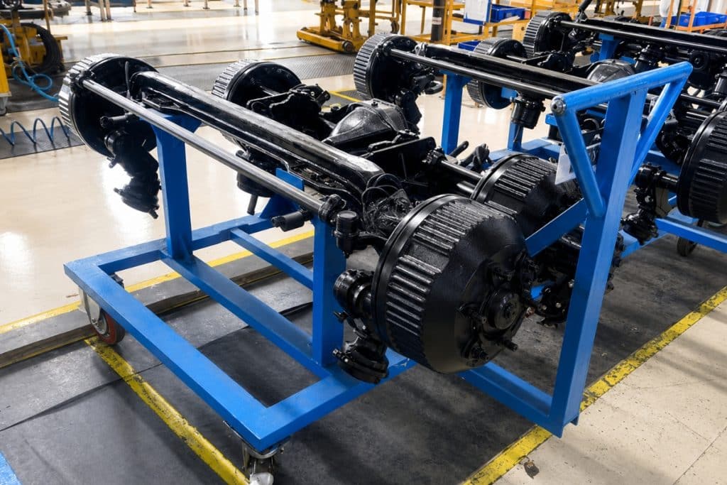 Automotive OEM material handling trolleys on epoxy-coated shop floor